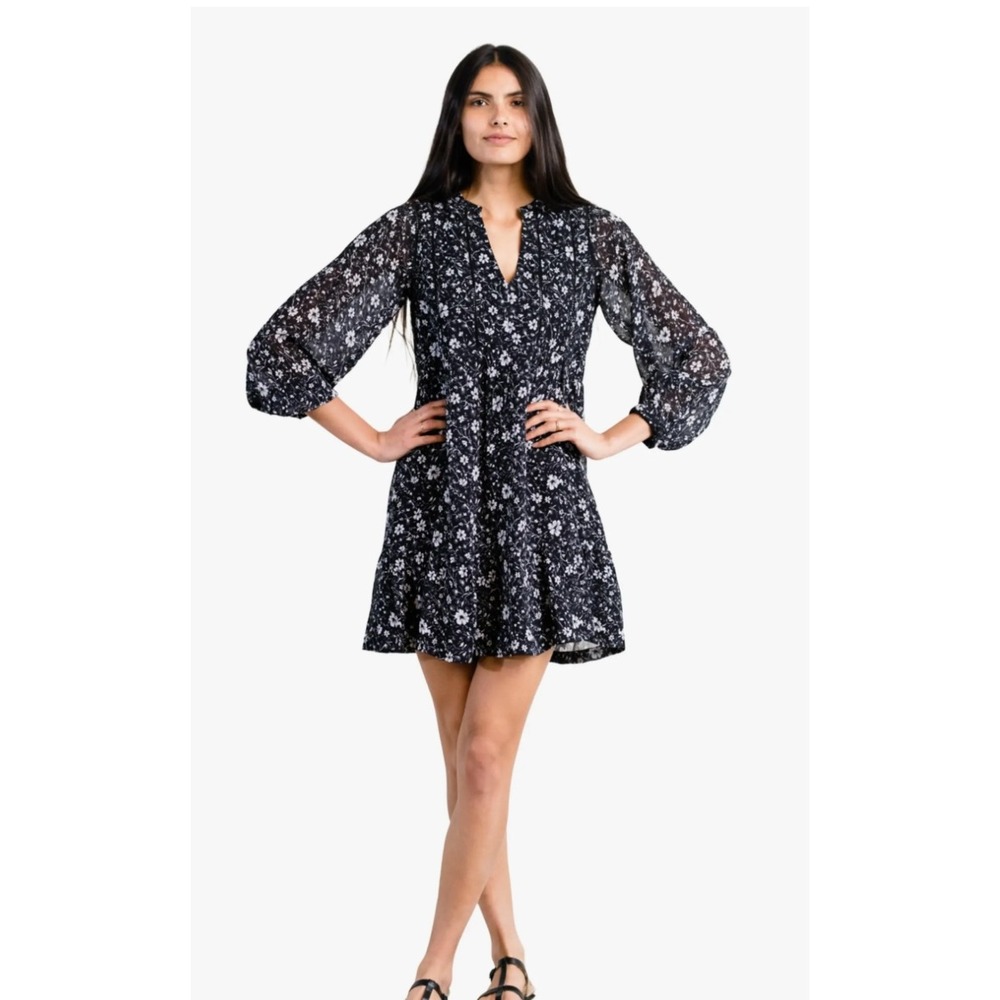 NWT ABLE Naomi Flowy Mini Dress Black White Floral Long Size L: boho, ditsy